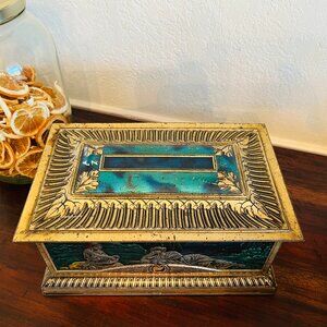Vintage Tin Box Neoclassical European Traditional Gold Blue Coffee Table Decor